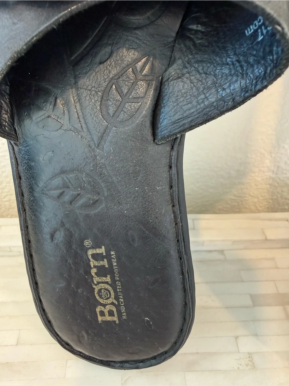 Born Black Leather Slide Sandals with Gold Buckles - Picture 2 of 5